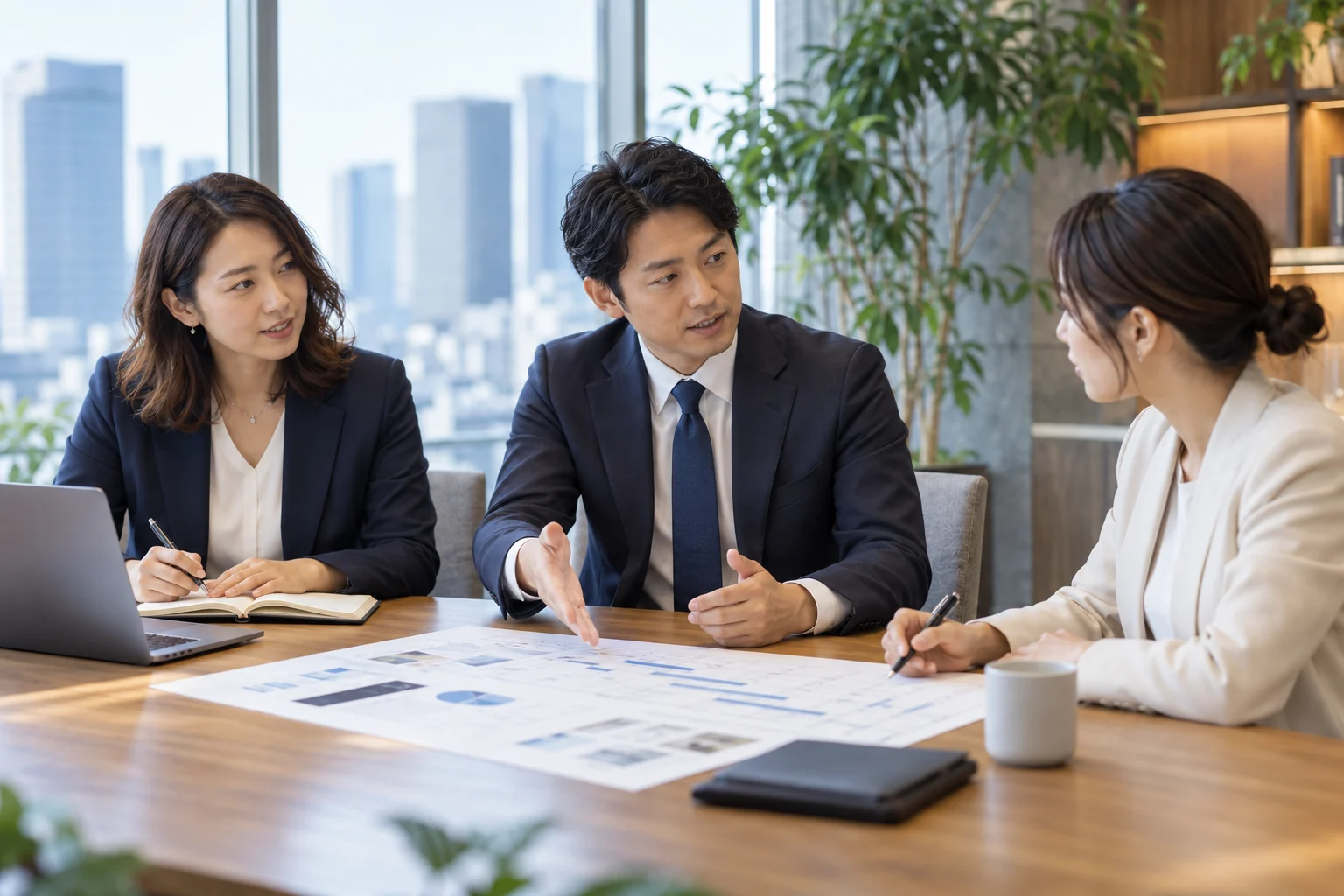 プロジェクトの計画を議論する専門家の生成イメージ