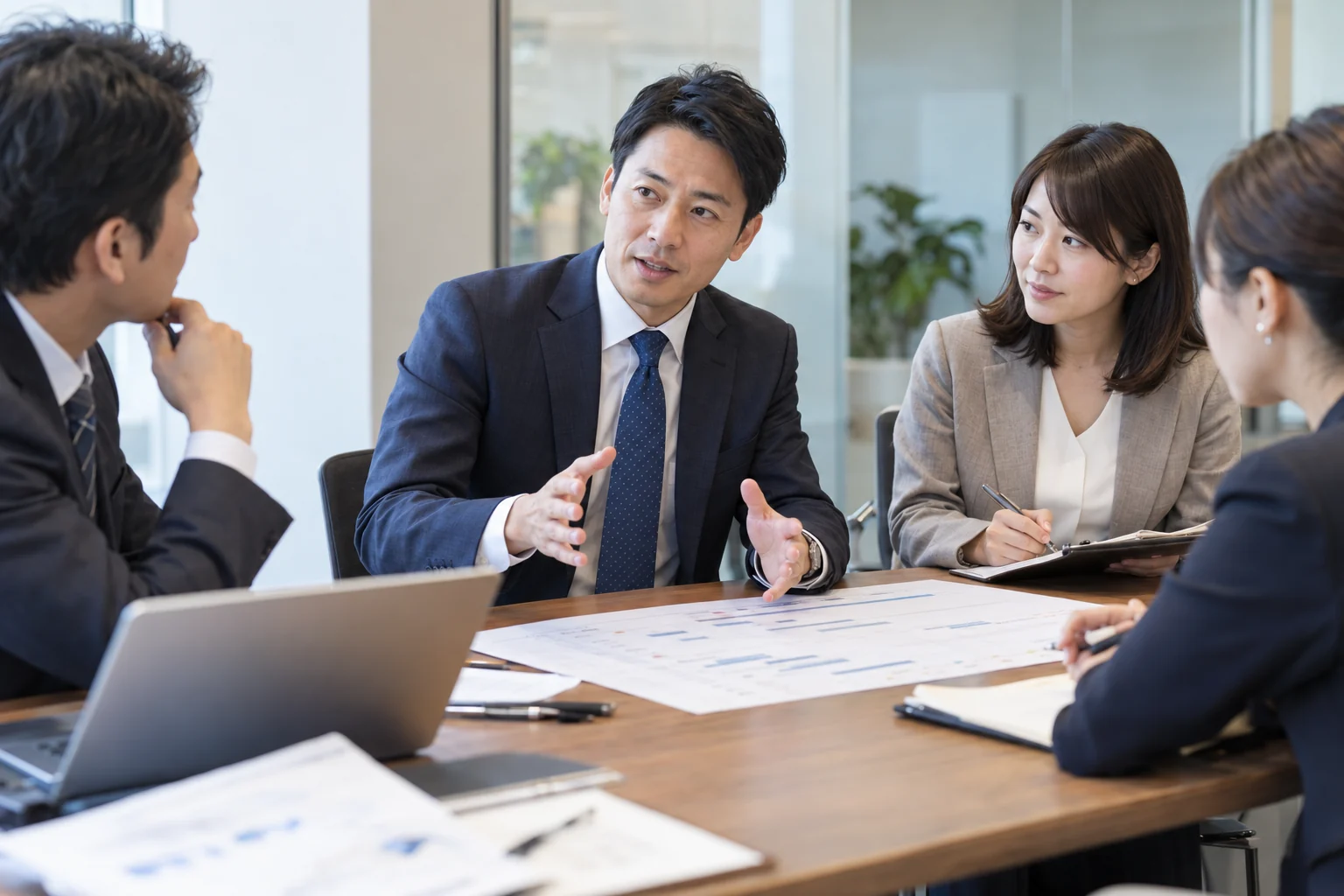 プロジェクトの現場で計画を話し合う会議の生成イメージ