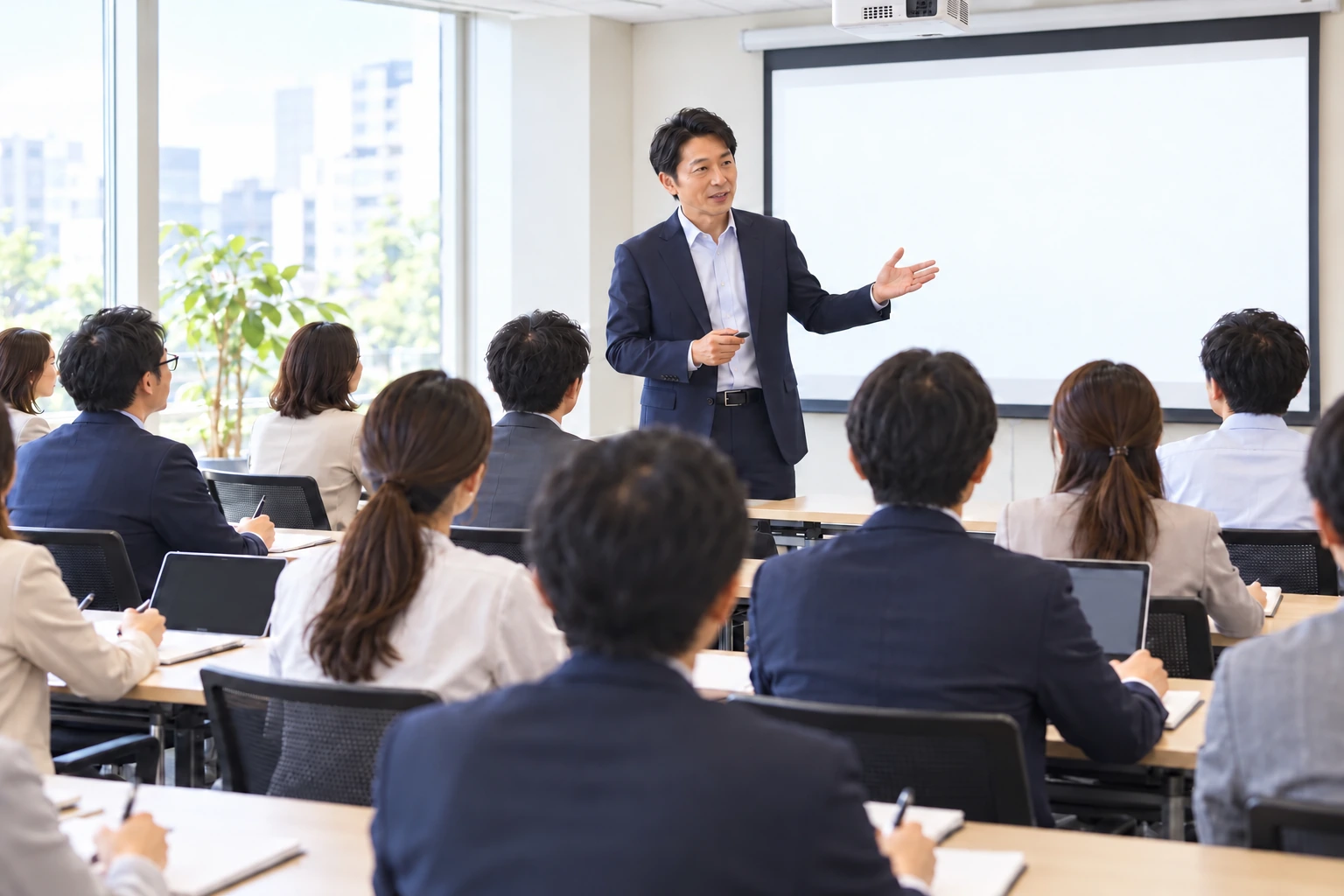 講師と参加者が会議室でプロジェクトマネジメントを学ぶ生成イメージ
